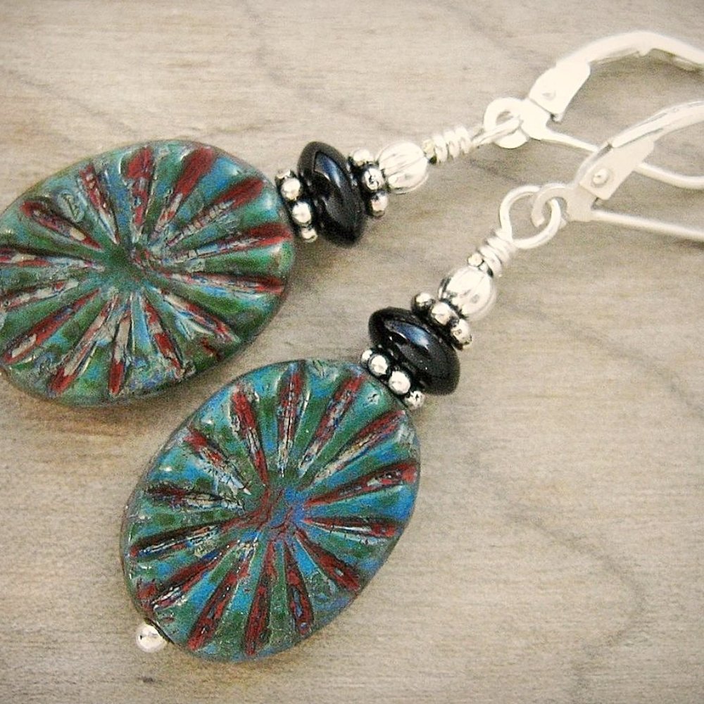 Southwest Western Earrings Black Onyx Sterling Silver Sunburst Leverback Dangle - Picture 4 of 9